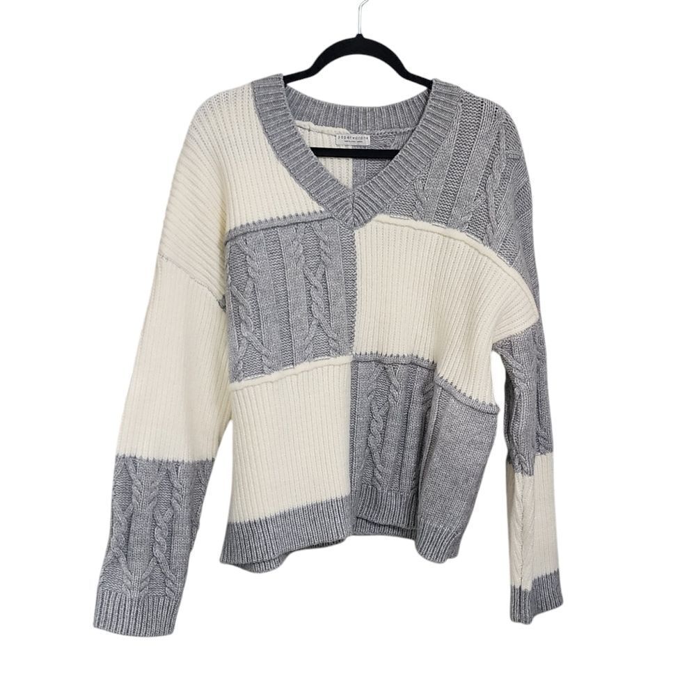 Paper Crane sweater gray & white cable knit patchwork oversized chunky M